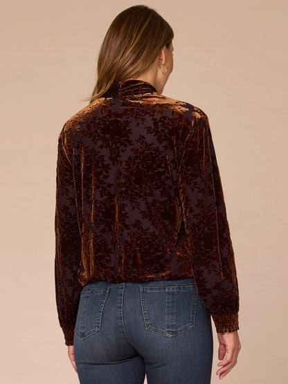 Democracy Clothing Long Blouson Sleeve Tie Neck Bubble Hem Printed Plus Size Knit Top - Indigo Brown