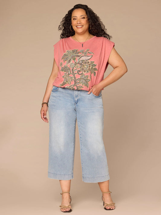 Democracy Clothing Origami Cap Sleeve Scoop Neck Cased Hem Printed Plus Size Knit Top - Dusty Papaya Print Multi