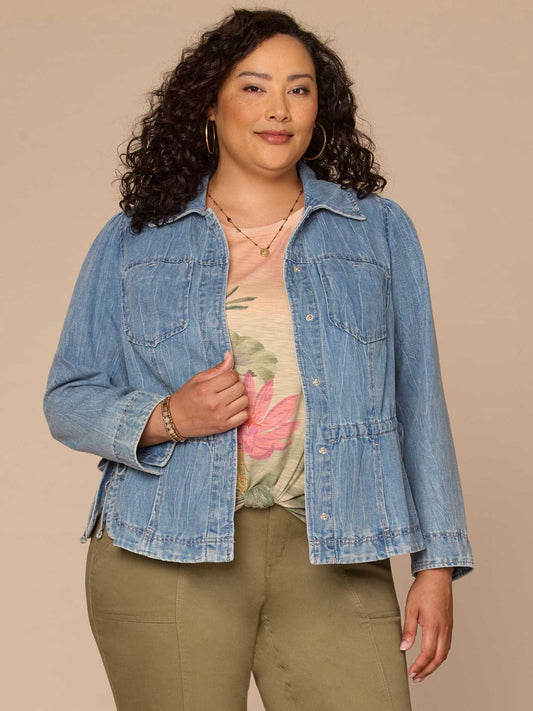Democracy Clothing Long Sleeve Snap Front Waistband Tie Plus Size Peplum Denim Jacket - Light Blue Denim