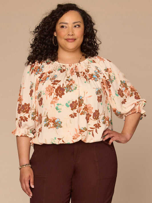 Democracy Clothing Blouson Sleeve Scoop Neck Bubble Hem Floral Print Plus Size Woven Top - Blush Airy Blue Multi