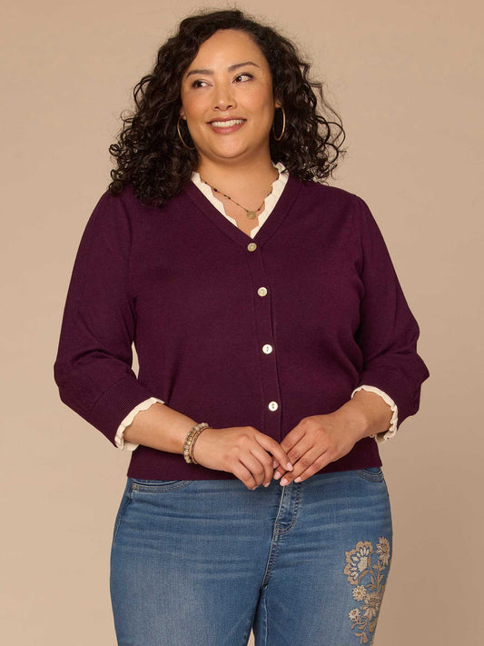 Democracy Clothing Double Layer Three Quarter Sleeve V-Neck Plus Size Sweater Cardigan - Dark Raisin