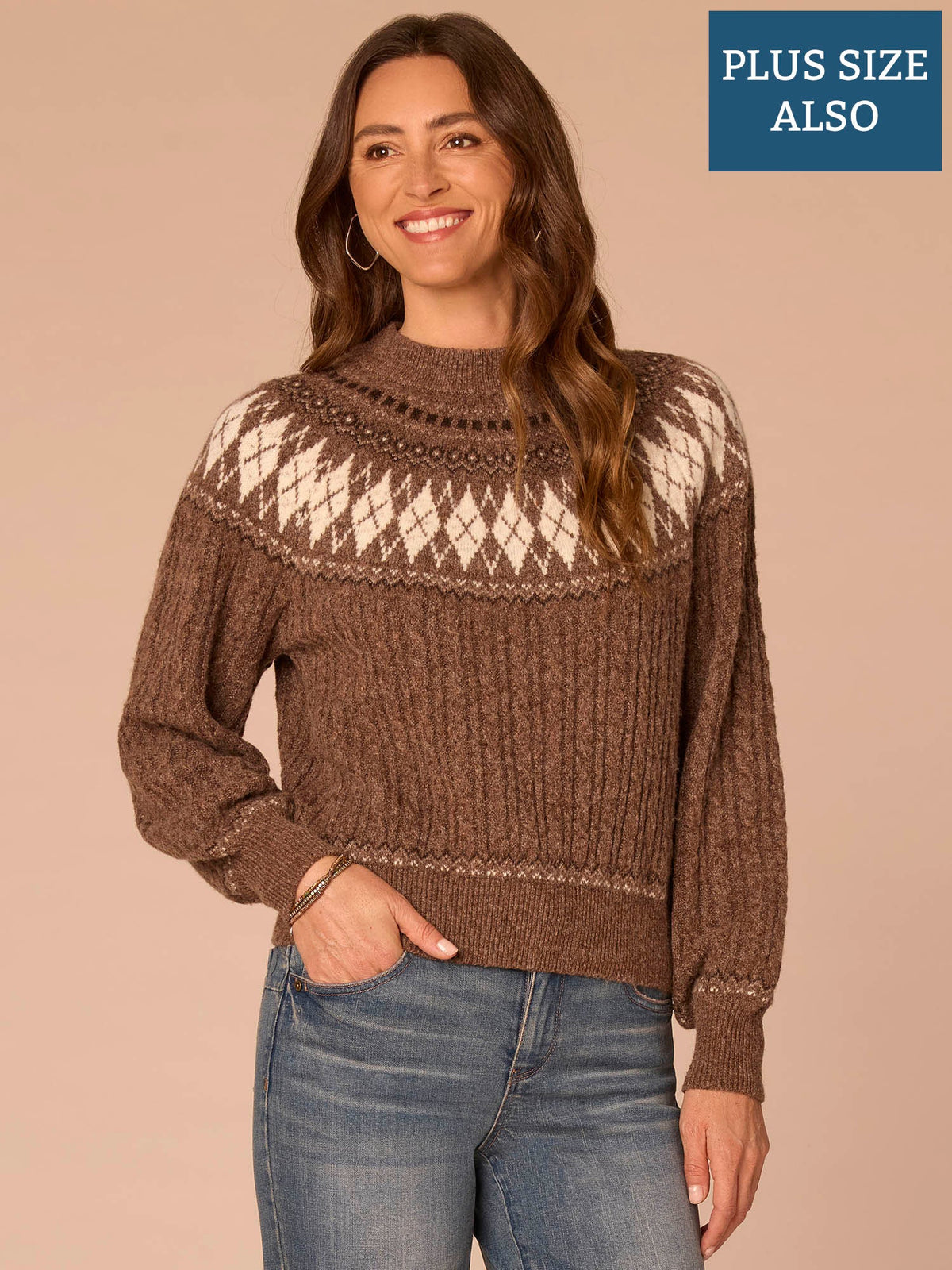 Democracy Clothing Long Blouson Sleeve High Round Neck Fair Isle Argyle Plus Size Sweater - Heather Brown Multi