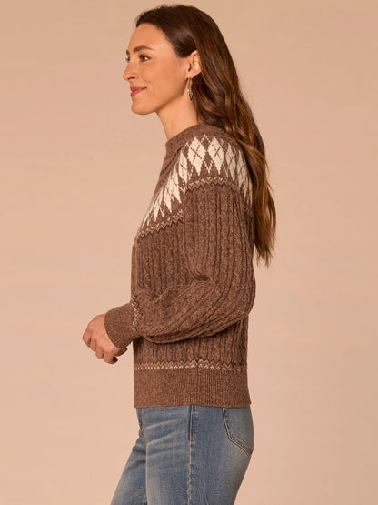 Democracy Clothing Long Blouson Sleeve High Round Neck Fair Isle Argyle Plus Size Sweater - Heather Brown Multi
