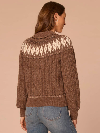 Democracy Clothing Long Blouson Sleeve High Round Neck Fair Isle Argyle Plus Size Sweater - Heather Brown Multi