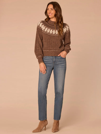 Democracy Clothing Long Blouson Sleeve High Round Neck Fair Isle Argyle Plus Size Sweater - Heather Brown Multi