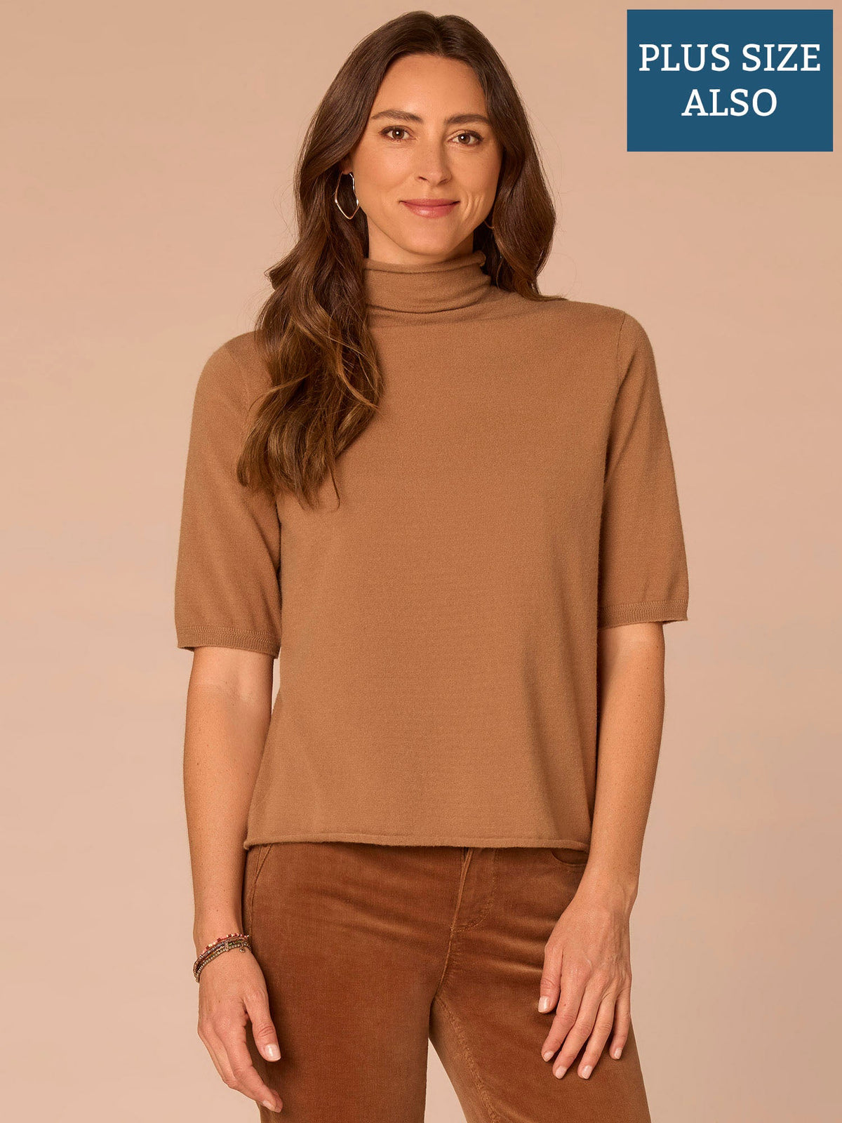 Democracy Clothing Above Elbow Sleeve Drape Mock Neck Curled Edge Plus Size Sweater - Camel