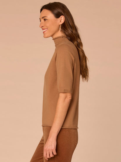 Democracy Clothing Above Elbow Sleeve Drape Mock Neck Curled Edge Plus Size Sweater - Camel