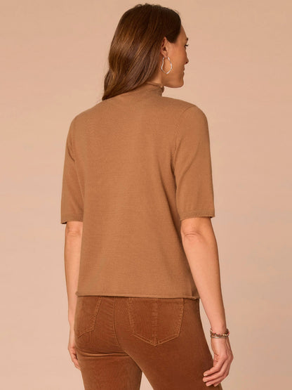 Democracy Clothing Above Elbow Sleeve Drape Mock Neck Curled Edge Plus Size Sweater - Camel