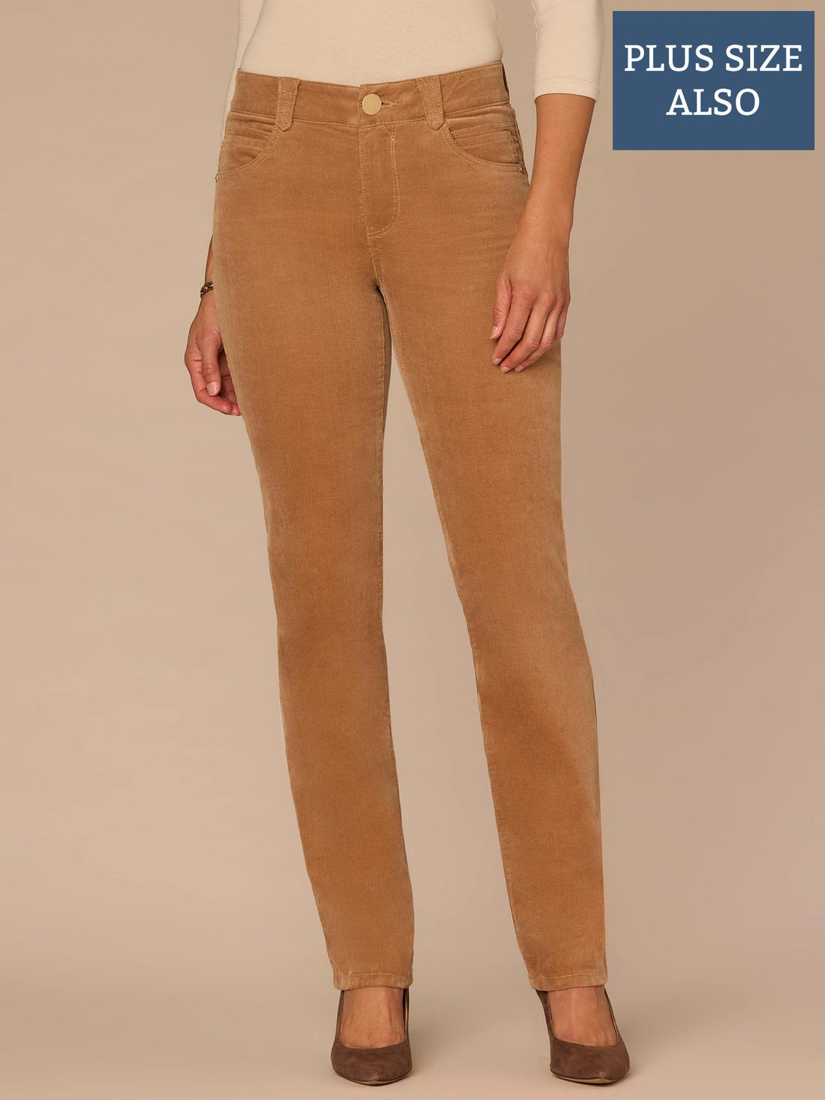 Democracy Clothing "Ab"solution® Mid-Rise Corduroy Plus Size Straight Leg Pants - Black|Fig Jam|Blue Pine|Dark Roast|Candied Walnut|Espresso|Royal Rum|Raw Umber|Deep Pine|Blanched Almond
