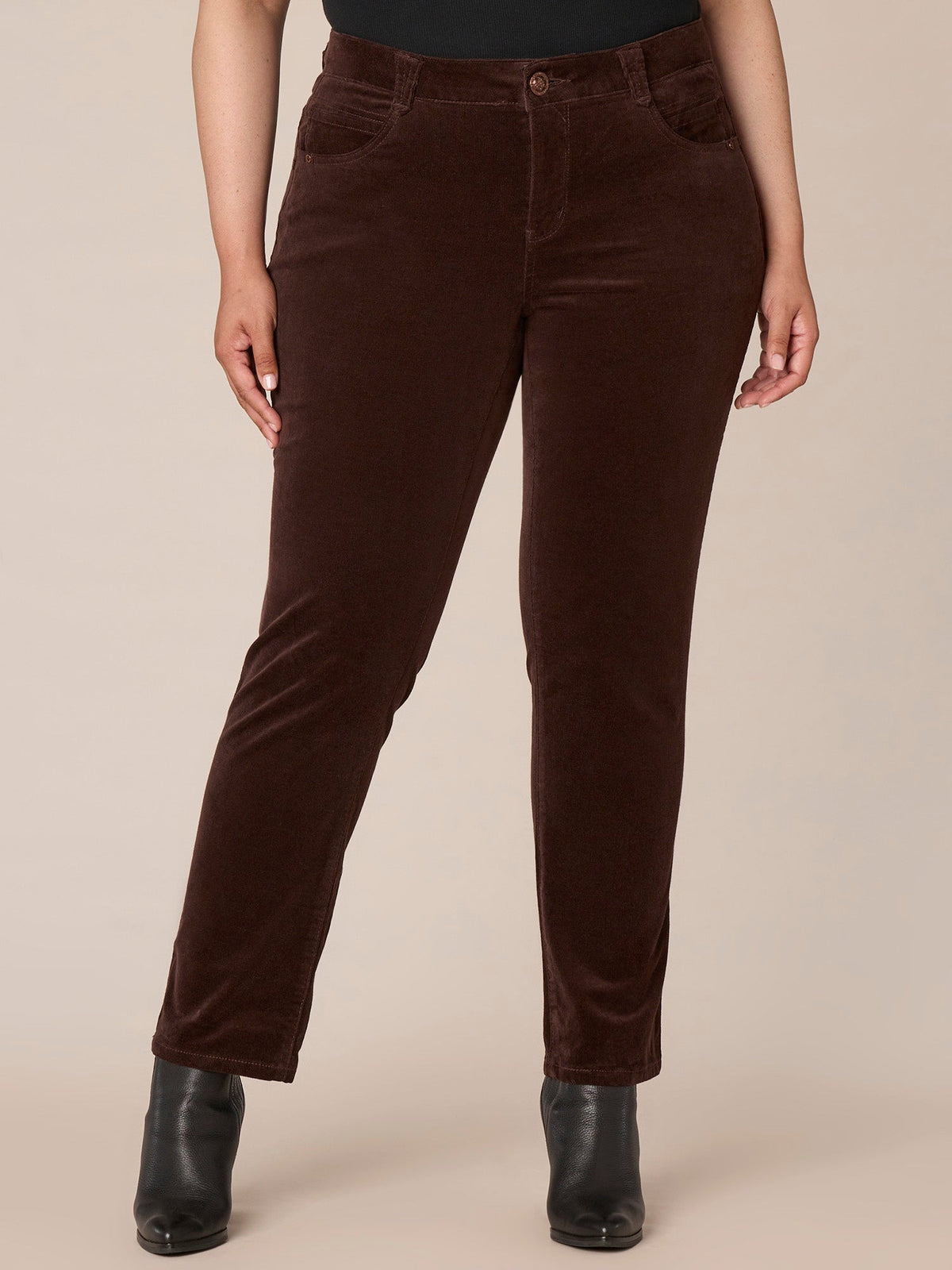 Democracy Clothing "Ab"solution® Mid-Rise Corduroy Plus Size Straight Leg Pants - Black|Fig Jam|Blue Pine|Dark Roast|Candied Walnut|Espresso|Royal Rum|Raw Umber|Deep Pine|Blanched Almond