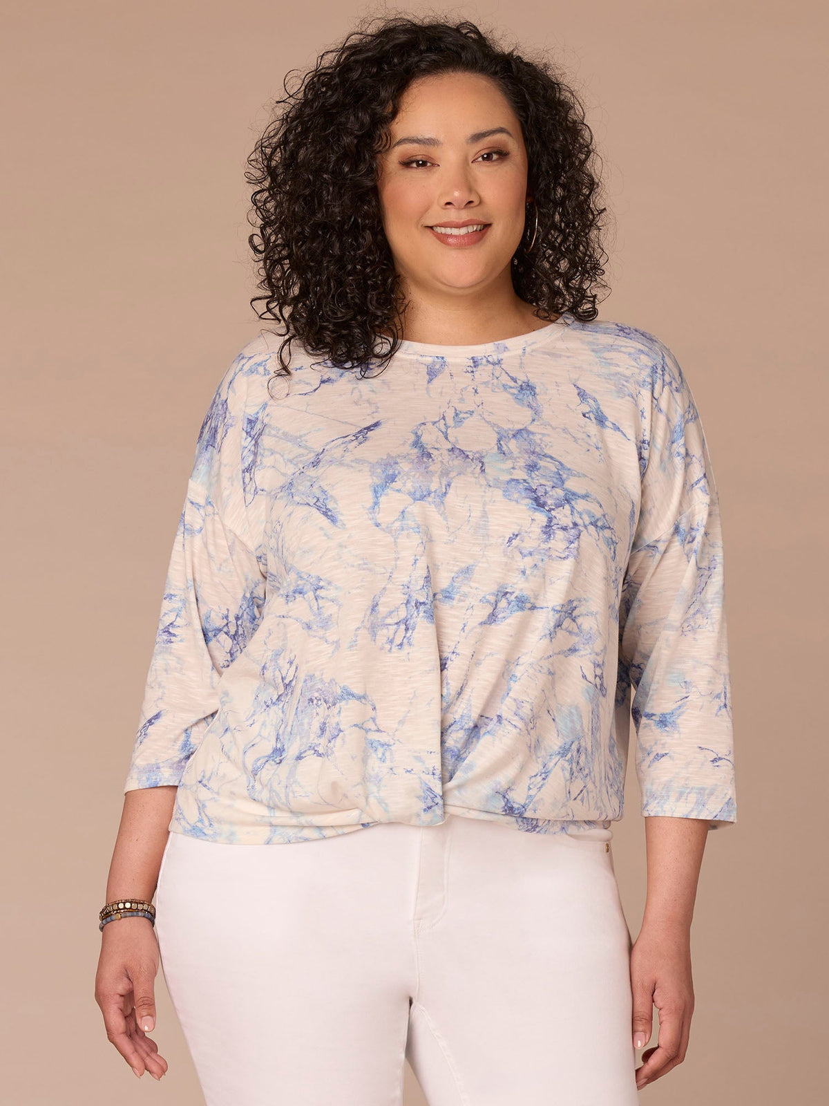 Democracy Clothing Three Quarter Sleeve Scoop Neck Twist Hem Printed Plus Size Knit Top - Provence Blue Marble Multi