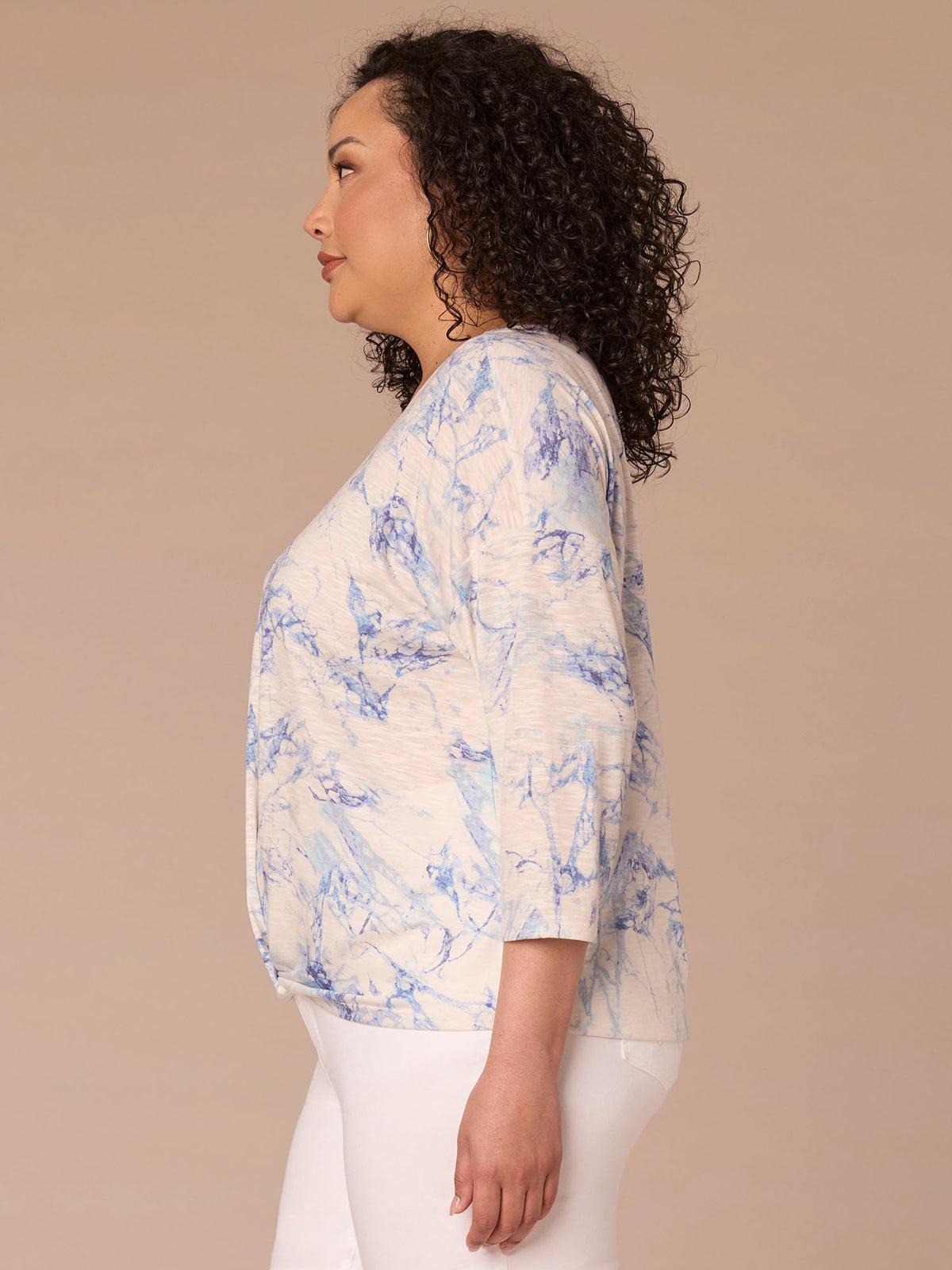 Democracy Clothing Three Quarter Sleeve Scoop Neck Twist Hem Printed Plus Size Knit Top - Provence Blue Marble Multi