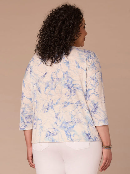 Democracy Clothing Three Quarter Sleeve Scoop Neck Twist Hem Printed Plus Size Knit Top - Provence Blue Marble Multi
