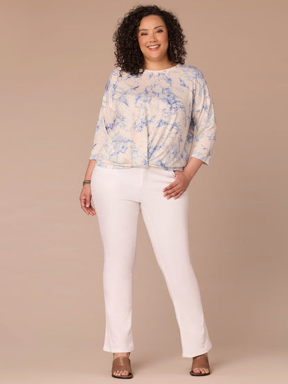 Democracy Clothing Three Quarter Sleeve Scoop Neck Twist Hem Printed Plus Size Knit Top - Provence Blue Marble Multi