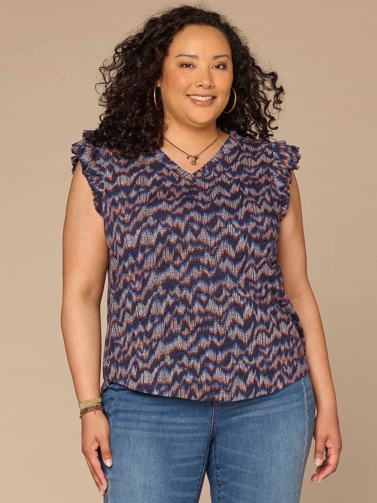 Democracy Clothing Double Ruffle Cap Sleeve Deep V-Neck Abstract Print Plus Size Knit Top - Navy Multi Print