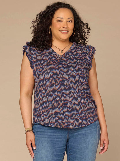 Democracy Clothing Double Ruffle Cap Sleeve Deep V-Neck Abstract Print Plus Size Knit Top - Navy Multi Print