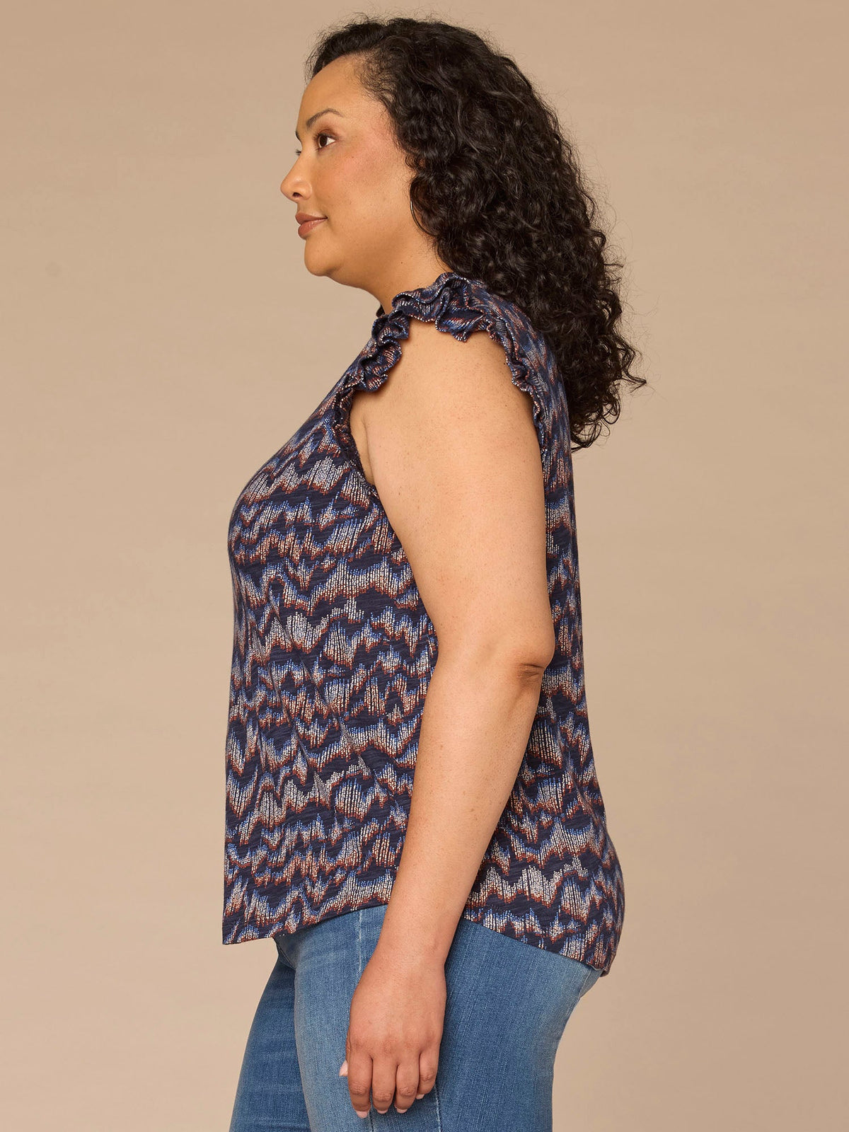 Democracy Clothing Double Ruffle Cap Sleeve Deep V-Neck Abstract Print Plus Size Knit Top - Navy Multi Print
