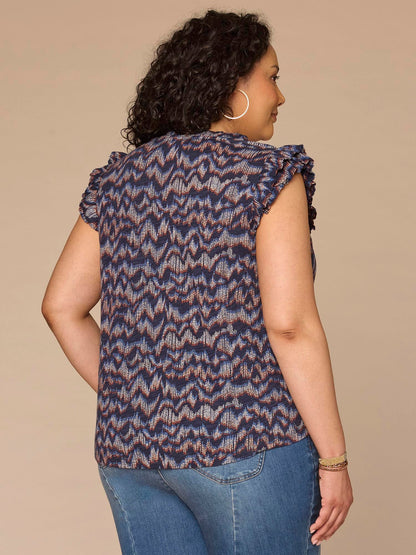 Democracy Clothing Double Ruffle Cap Sleeve Deep V-Neck Abstract Print Plus Size Knit Top - Navy Multi Print