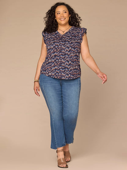 Democracy Clothing Double Ruffle Cap Sleeve Deep V-Neck Abstract Print Plus Size Knit Top - Navy Multi Print