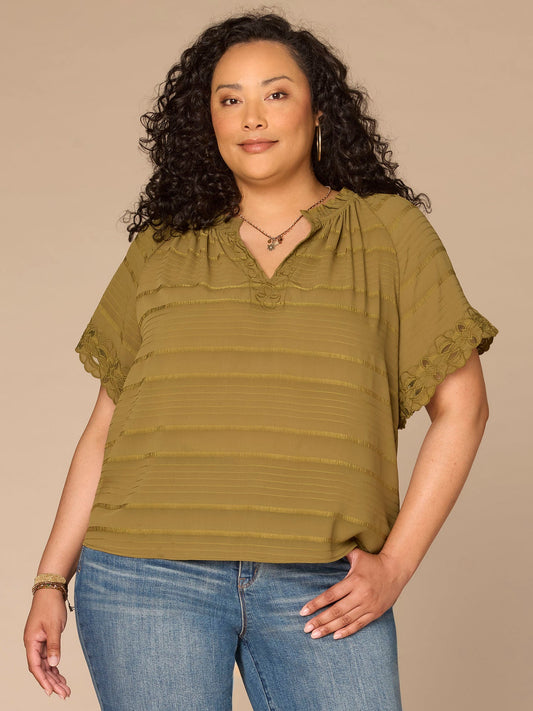 Democracy Clothing Short Sleeve Ruffle Split Neck Embroidered Plus Size Woven Top - Harvest Green|Beet Red