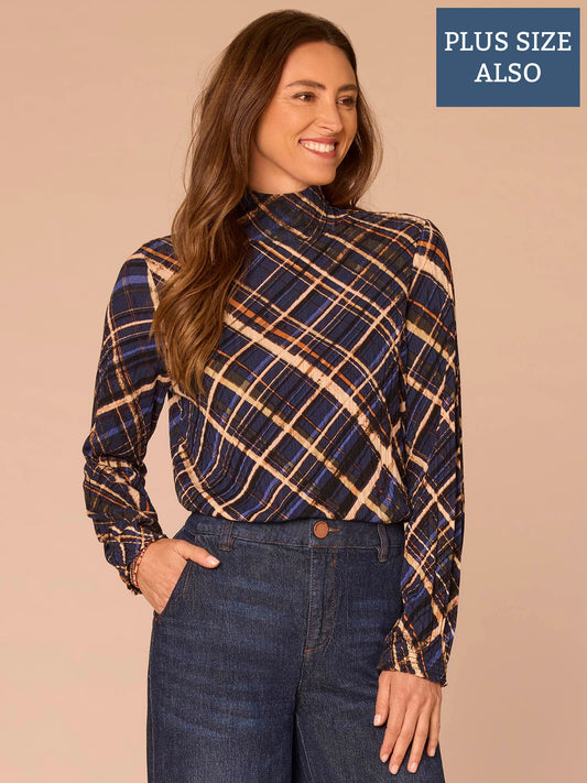 Democracy Clothing Long Blouson Sleeve Turtleneck Zip Back Plaid Print Plus Size Knit Top - Navy Multi Stripe