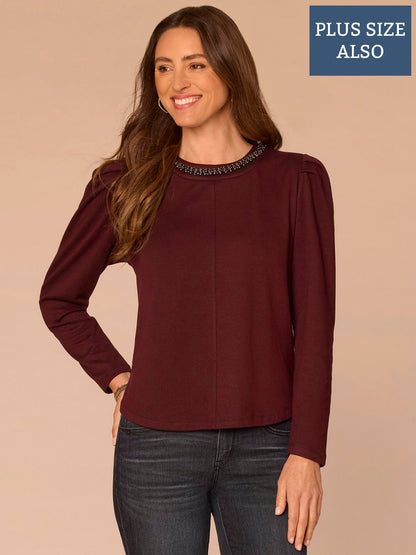 Democracy Clothing Long Puff Sleeve Rhinestone Scoop Neck Keyhole Back Plus Size Knit Top - Oxblood