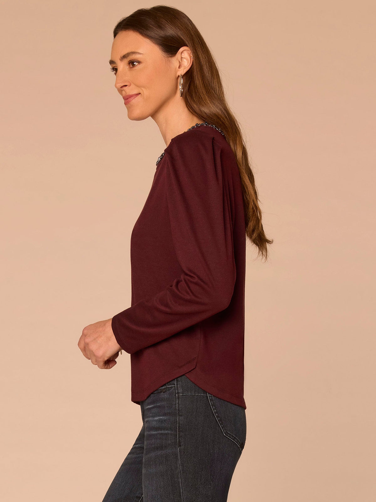 Democracy Clothing Long Puff Sleeve Rhinestone Scoop Neck Keyhole Back Plus Size Knit Top - Oxblood