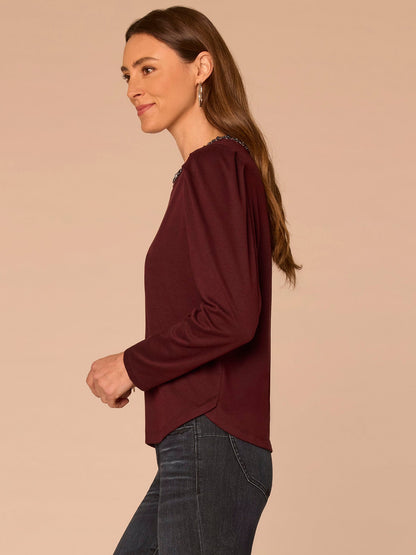 Democracy Clothing Long Puff Sleeve Rhinestone Scoop Neck Keyhole Back Plus Size Knit Top - Oxblood