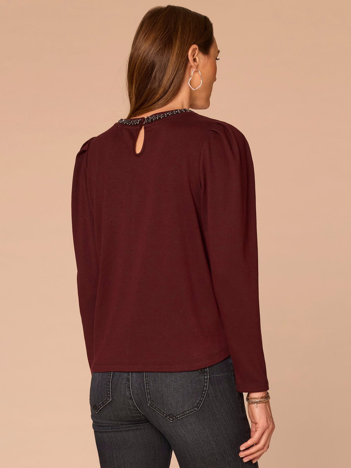 Democracy Clothing Long Puff Sleeve Rhinestone Scoop Neck Keyhole Back Plus Size Knit Top - Oxblood