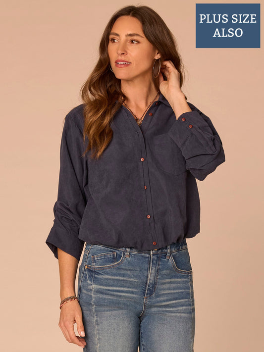 Democracy Clothing Three Quarter Sleeve Button Down Bubble Hem Plus Size Woven Shirt - Orion Blue