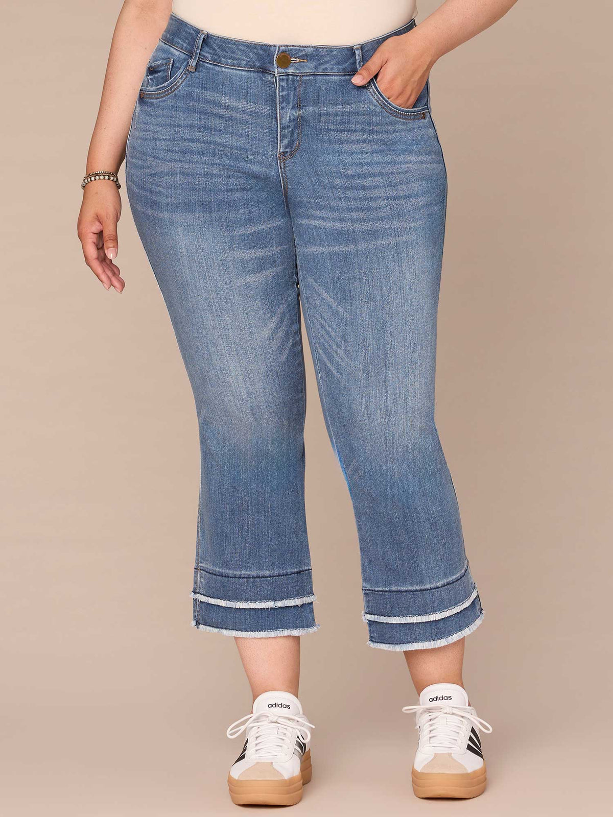 Democracy Clothing "Ab"solution Plus Size Fray Hem Kick Flare Jean - Mid Blue Denim