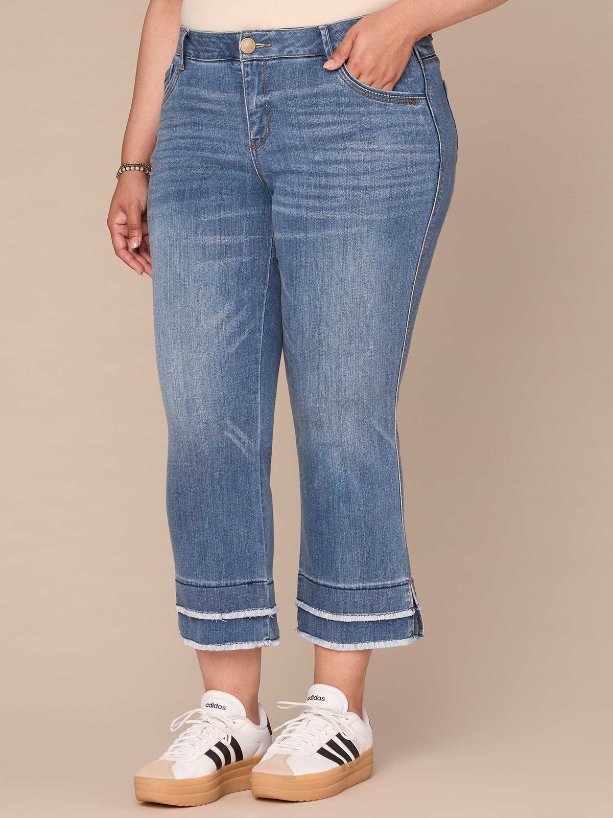 Democracy Clothing "Ab"solution Plus Size Fray Hem Kick Flare Jean - Mid Blue Denim