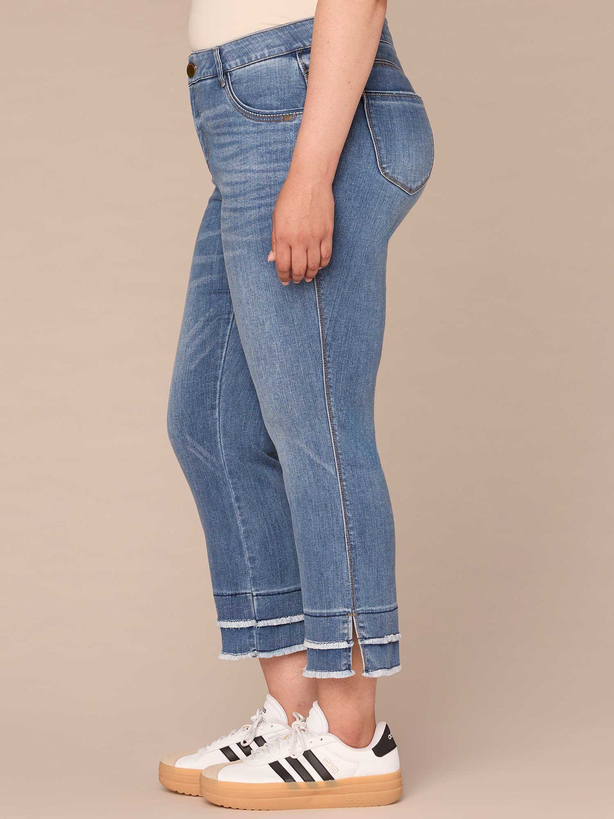 Democracy Clothing "Ab"solution Plus Size Fray Hem Kick Flare Jean - Mid Blue Denim