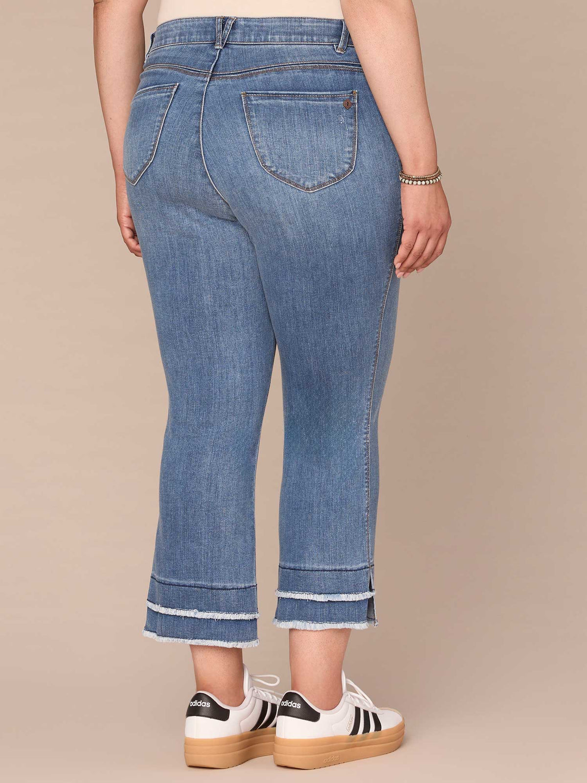 Democracy Clothing "Ab"solution Plus Size Fray Hem Kick Flare Jean - Mid Blue Denim