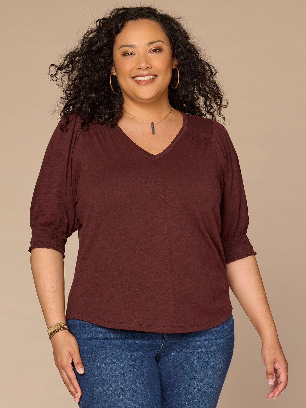 Democracy Clothing Elbow Blouson Sleeve Scallop V-Neck Smocked Knit Top - Heather Lily Pad|Heather Cherry Chocolate|Heather Dusty Papaya