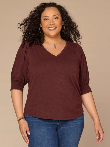 Democracy Clothing Elbow Blouson Sleeve Scallop V-Neck Smocked Knit Top - Heather Lily Pad|Heather Cherry Chocolate|Heather Dusty Papaya