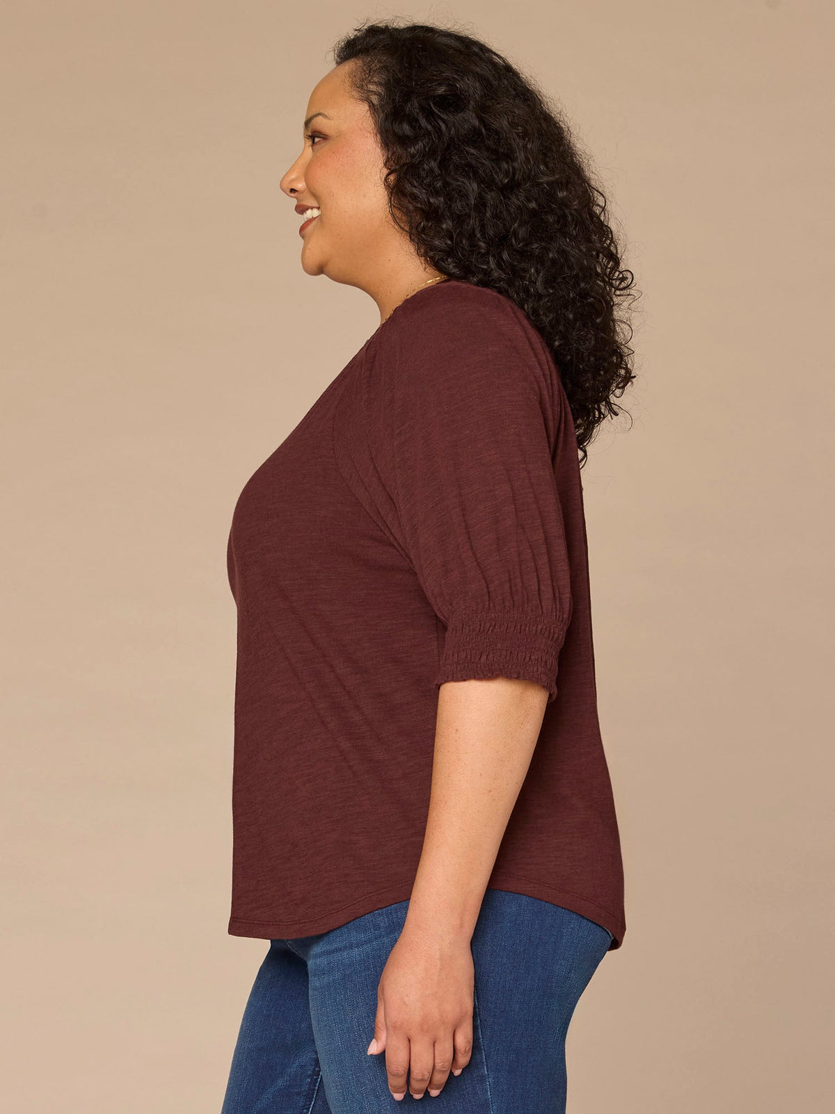 Democracy Clothing Elbow Blouson Sleeve Scallop V-Neck Smocked Knit Top - Heather Lily Pad|Heather Cherry Chocolate|Heather Dusty Papaya
