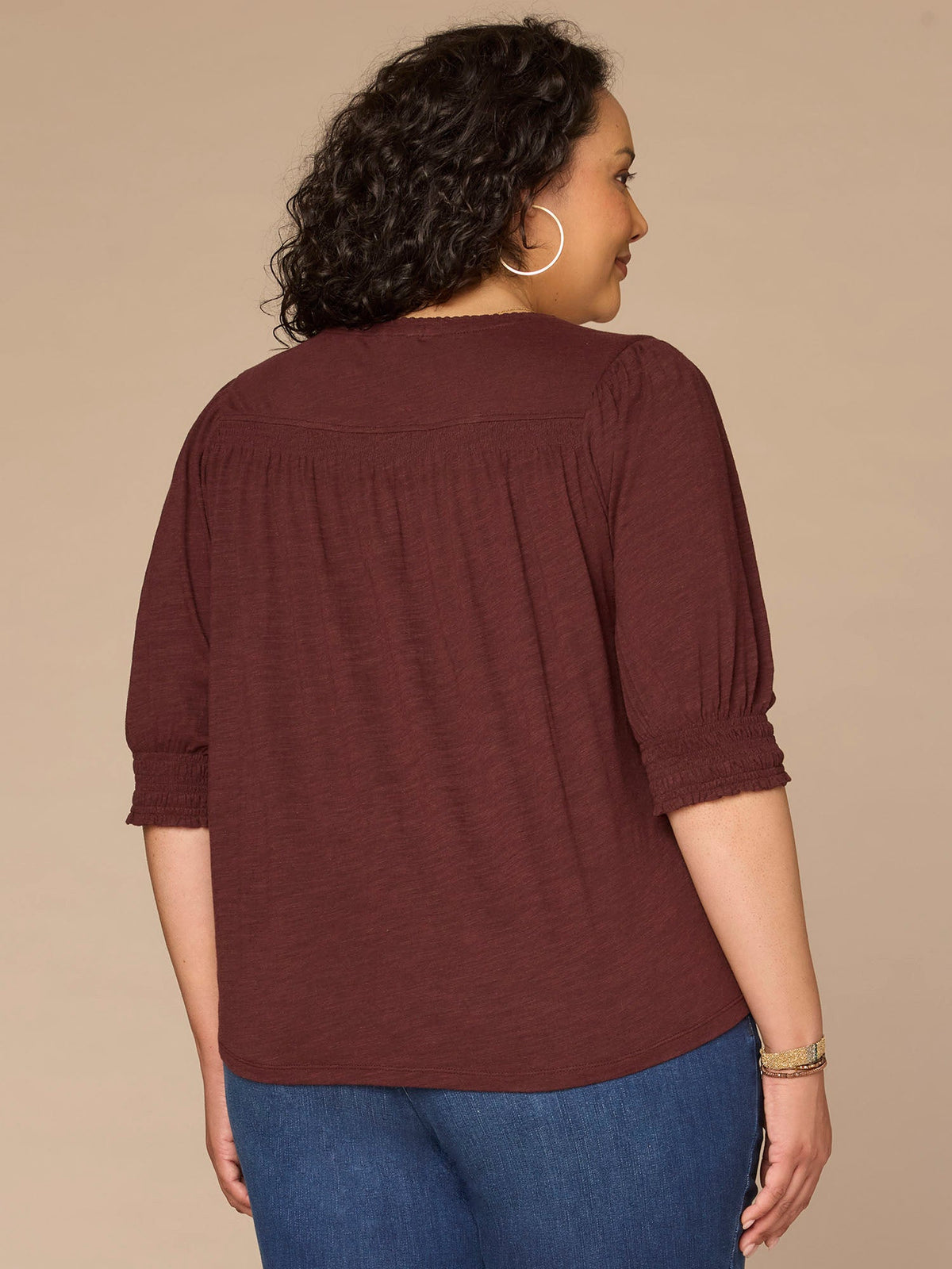 Democracy Clothing Elbow Blouson Sleeve Scallop V-Neck Smocked Knit Top - Heather Lily Pad|Heather Cherry Chocolate|Heather Dusty Papaya