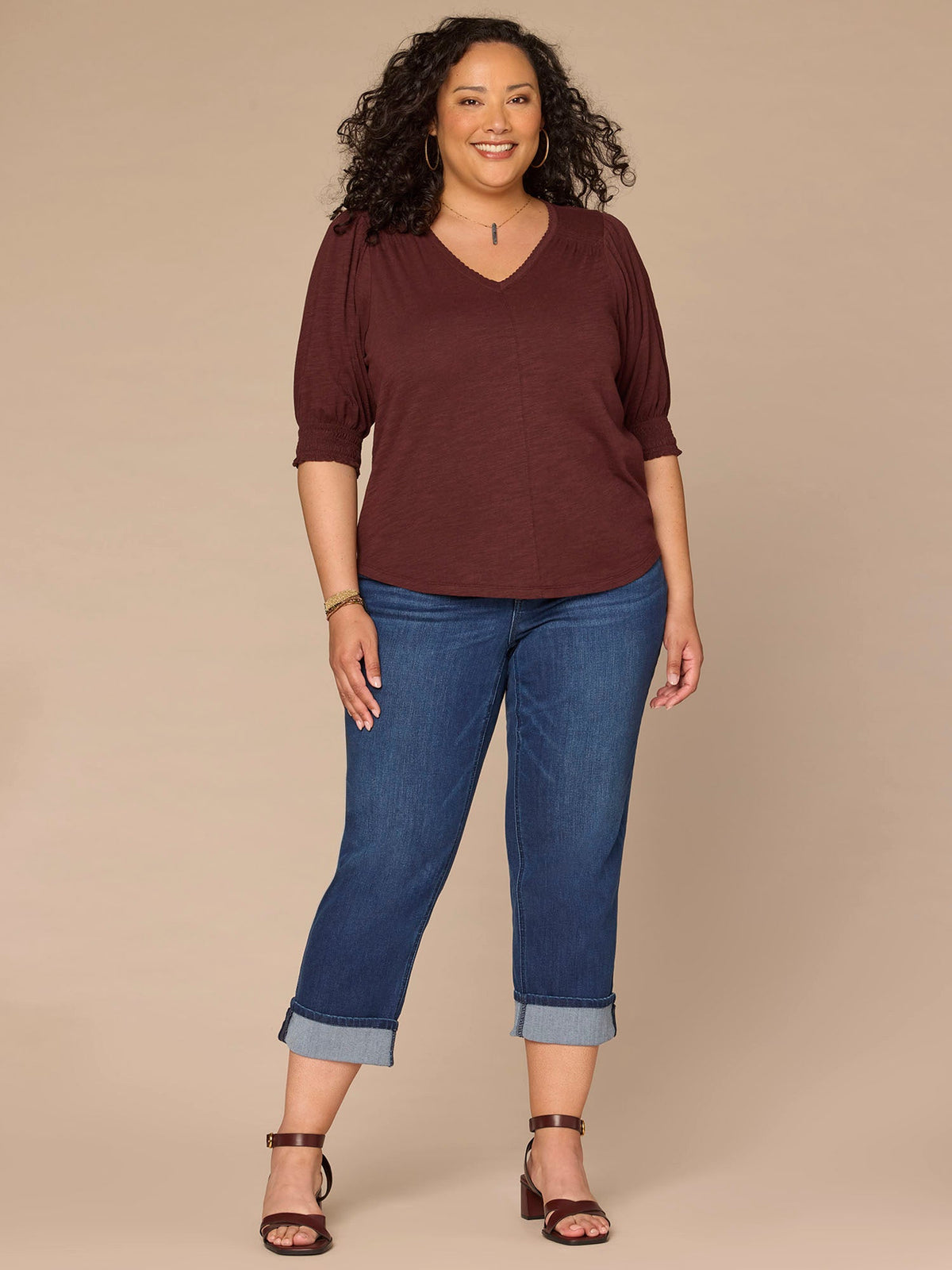 Democracy Clothing Elbow Blouson Sleeve Scallop V-Neck Smocked Knit Top - Heather Lily Pad|Heather Cherry Chocolate|Heather Dusty Papaya