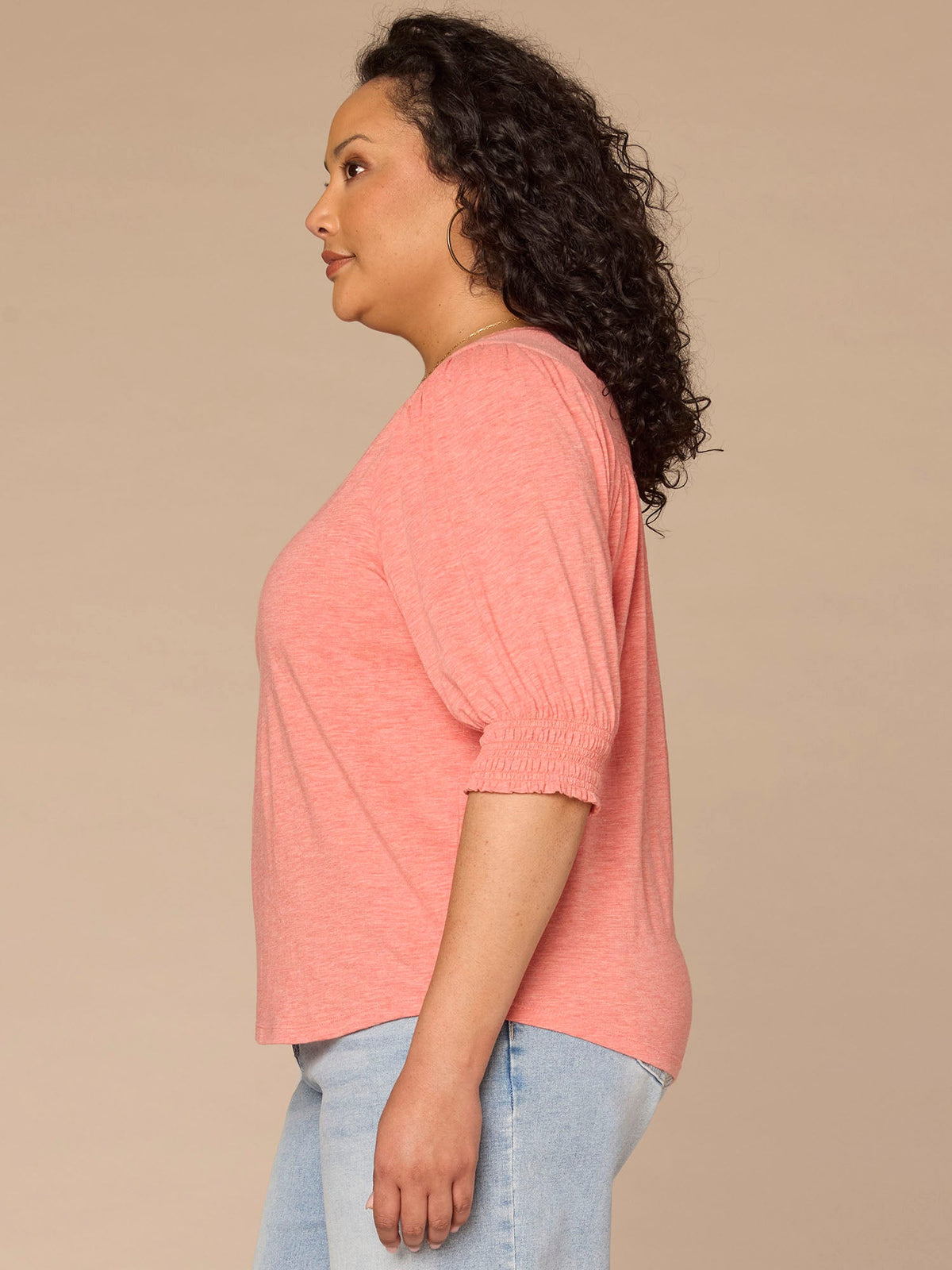 Democracy Clothing Elbow Blouson Sleeve Scallop V-Neck Smocked Knit Top - Heather Lily Pad|Heather Cherry Chocolate|Heather Dusty Papaya