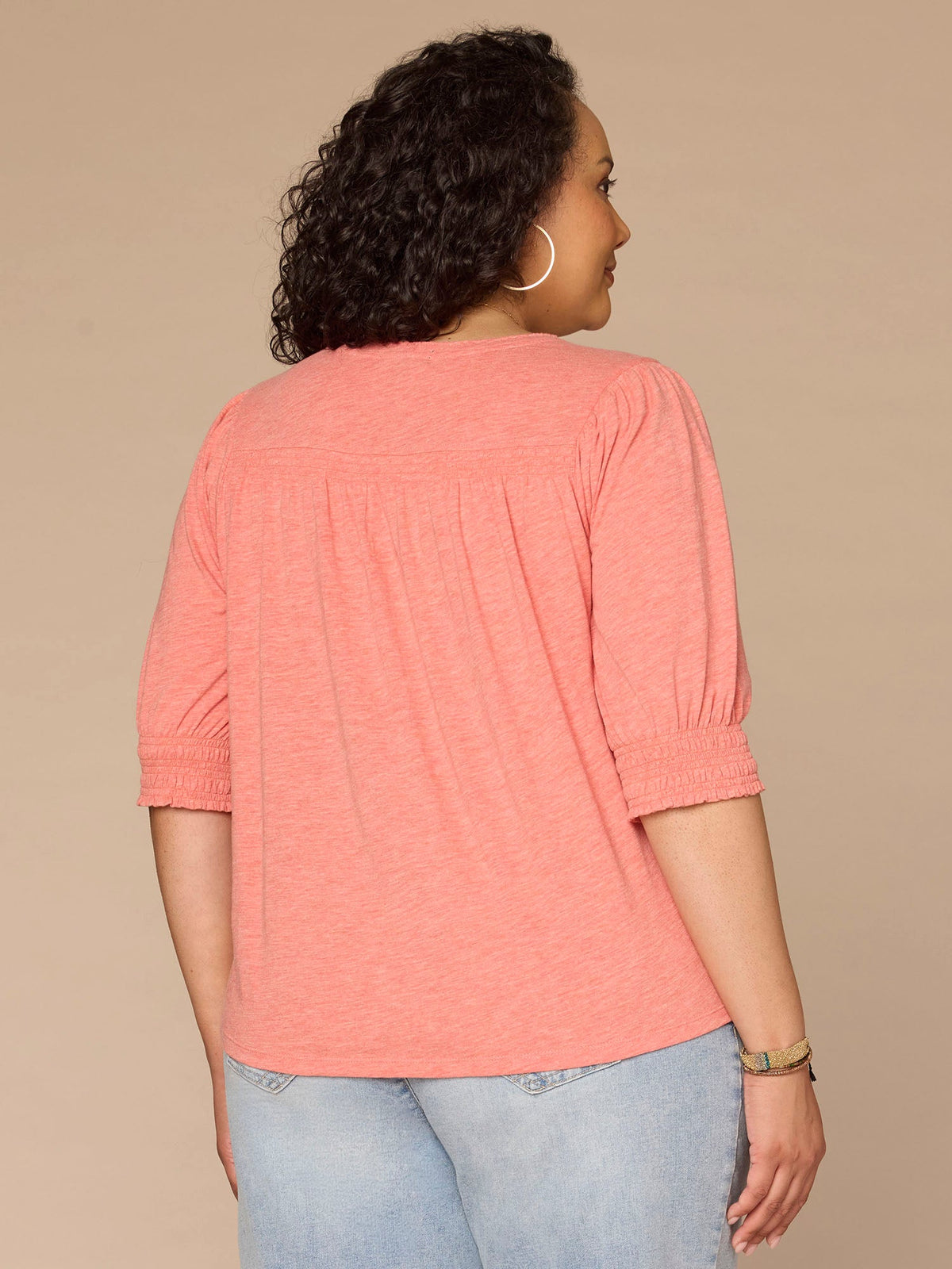 Democracy Clothing Elbow Blouson Sleeve Scallop V-Neck Smocked Knit Top - Heather Lily Pad|Heather Cherry Chocolate|Heather Dusty Papaya