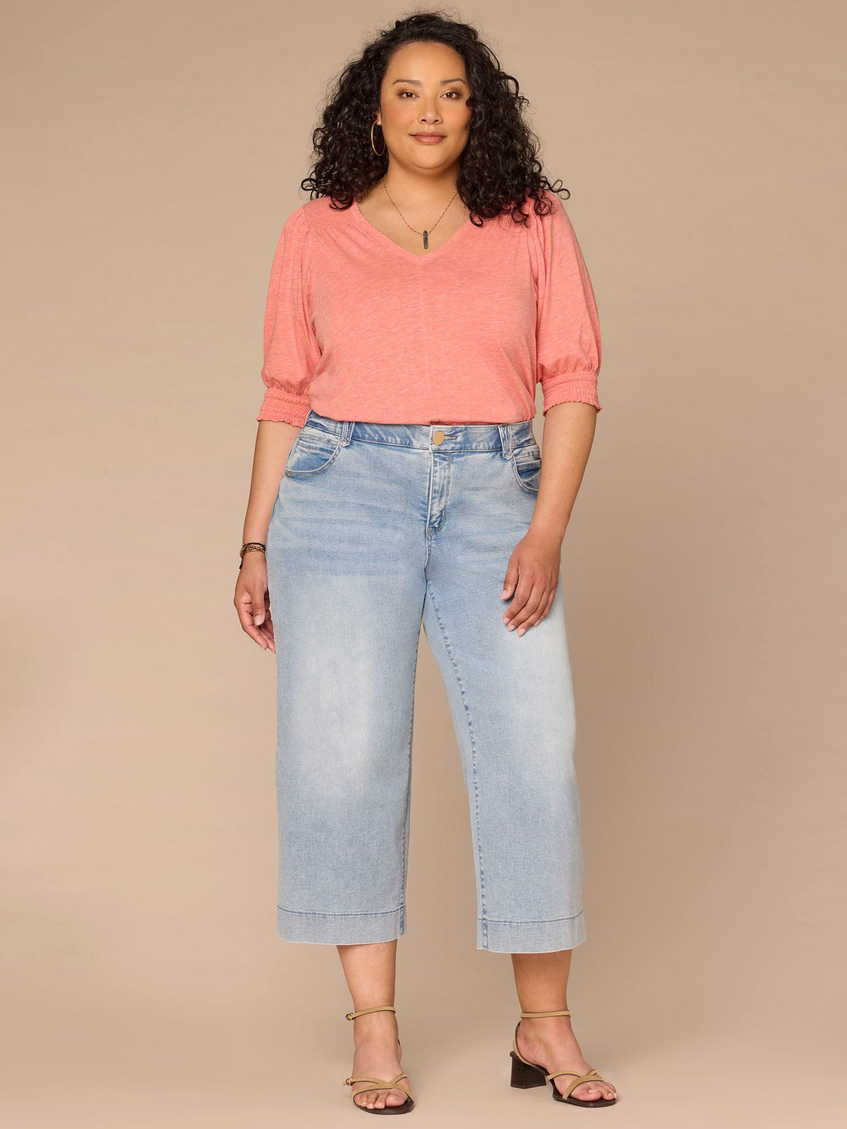 Democracy Clothing Elbow Blouson Sleeve Scallop V-Neck Smocked Knit Top - Heather Lily Pad|Heather Cherry Chocolate|Heather Dusty Papaya