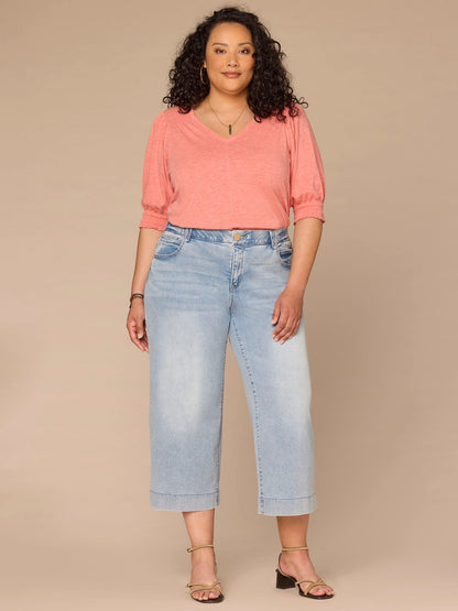 Democracy Clothing Elbow Blouson Sleeve Scallop V-Neck Smocked Knit Top - Heather Lily Pad|Heather Cherry Chocolate|Heather Dusty Papaya
