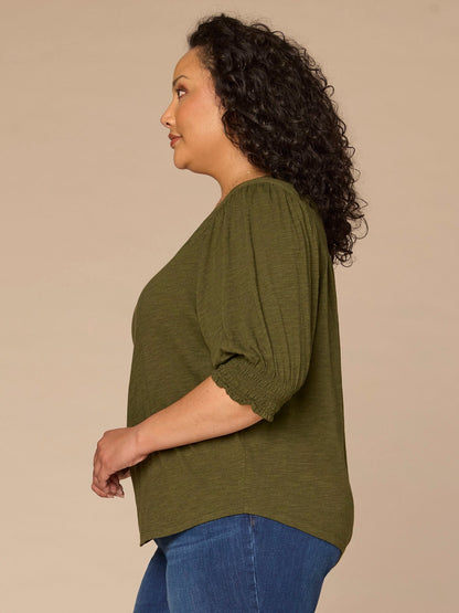 Democracy Clothing Elbow Blouson Sleeve Scallop V-Neck Smocked Knit Top - Heather Lily Pad|Heather Cherry Chocolate|Heather Dusty Papaya