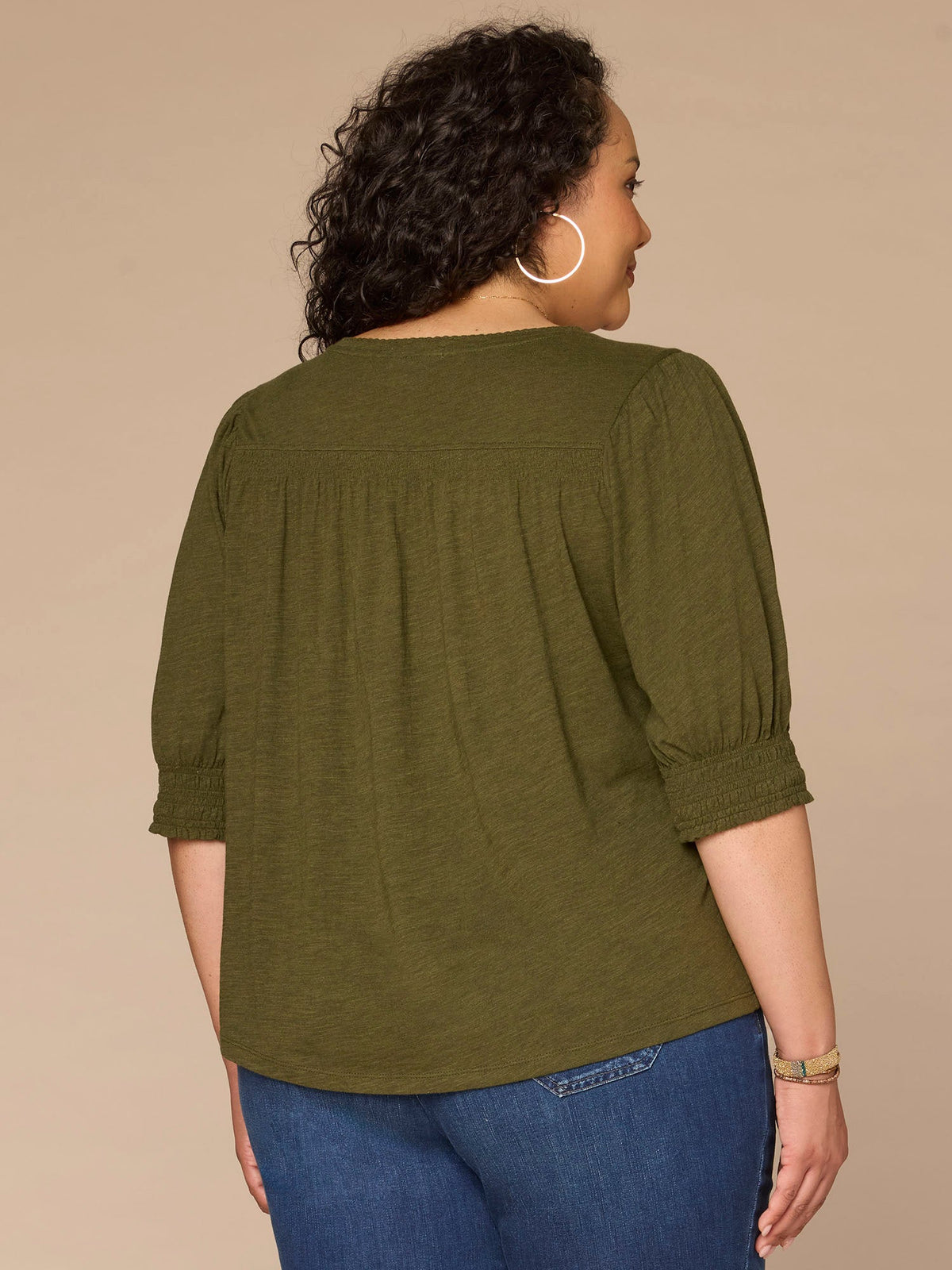 Democracy Clothing Elbow Blouson Sleeve Scallop V-Neck Smocked Knit Top - Heather Lily Pad|Heather Cherry Chocolate|Heather Dusty Papaya