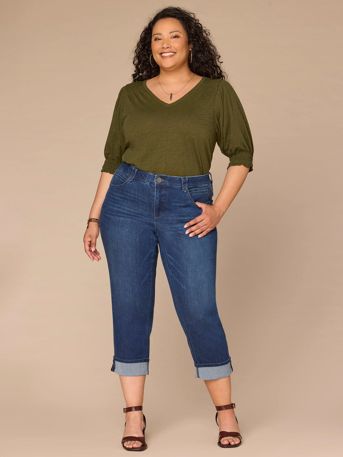 Democracy Clothing Elbow Blouson Sleeve Scallop V-Neck Smocked Knit Top - Heather Lily Pad|Heather Cherry Chocolate|Heather Dusty Papaya