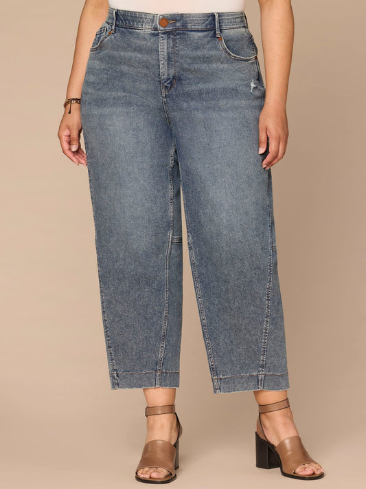 Democracy Clothing "Ab"solution® Skyrise Uneven Yoke Relaxed Barrel Leg Plus Size Jeans - Mid Blue Artisanal Denim