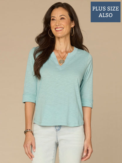 Democracy Clothing Roll Cuff Sleeve Round Split V-Neck Surplus Hem Plus Size Knit Top - Aqua Haze|Black|Deep Jade|Island Sky|Off White|Papaya|Coral Punch|Dark Raisin|Maple Leaf|Navy|Winter Sky