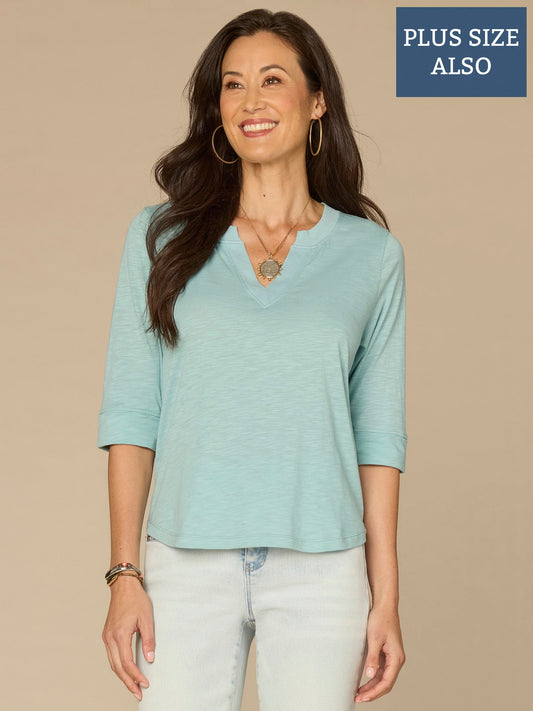 Democracy Clothing Roll Cuff Sleeve Round Split V-Neck Surplus Hem Plus Size Knit Top - Aqua Haze|Black|Deep Jade|Island Sky|Off White|Papaya|Coral Punch|Dark Raisin|Maple Leaf|Navy|Winter Sky