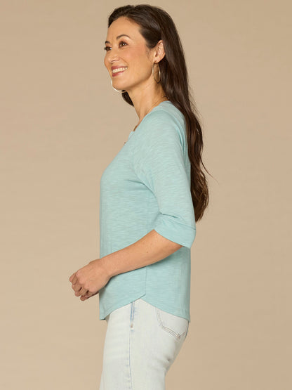 Democracy Clothing Roll Cuff Sleeve Round Split V-Neck Surplus Hem Plus Size Knit Top - Aqua Haze|Black|Deep Jade|Island Sky|Off White|Papaya|Coral Punch|Dark Raisin|Maple Leaf|Navy|Winter Sky